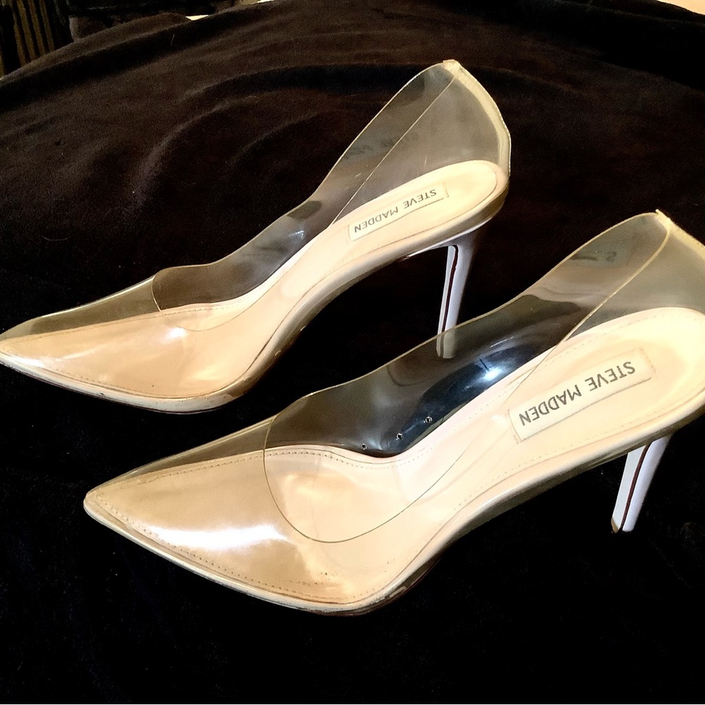 Steve Madden, Clear/champagne soft plastic pumps with 4” heel. Sz 9 1/2